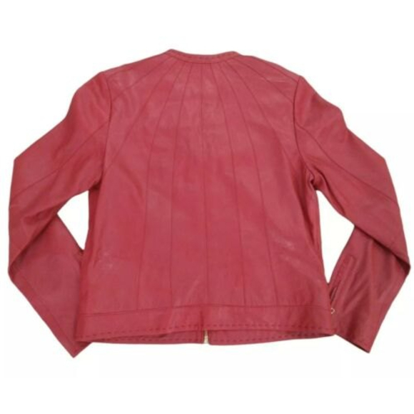 BAGATELLE Red Leather Moto / Jacket Women's Large Full Zip Rear Sunburst Design - Picture 4 of 12